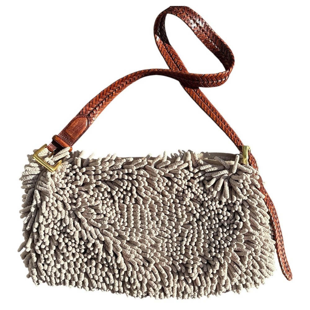 Jill K. Upcycled Tan Chenille Shag Shoulder Bag W/Adjustable Brighton Belt Strap